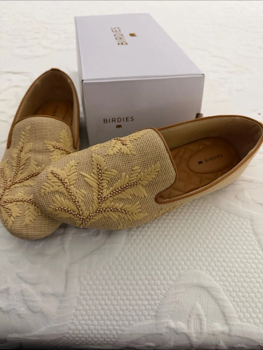 Birdies Beige Embroidered Slip-On Loafers